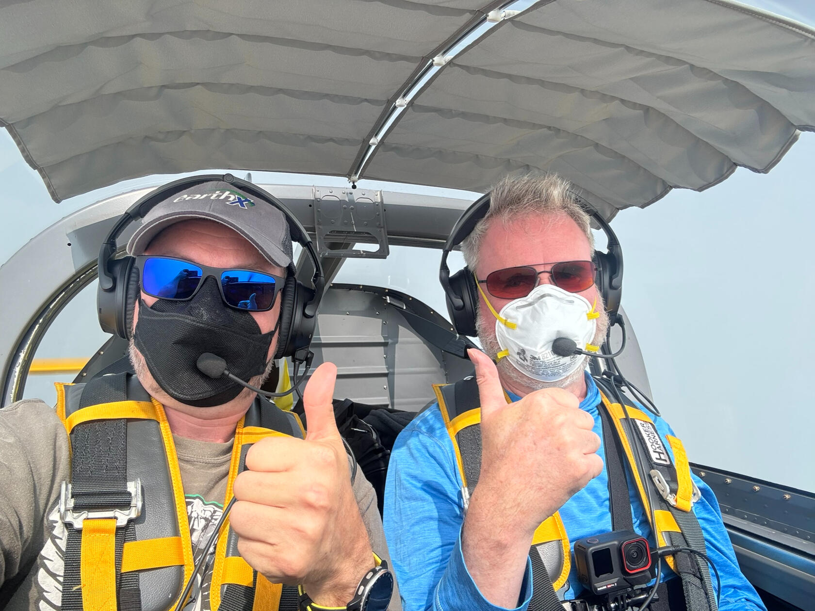Steve (right) & Matt (left) flying through the smoke to Windsor on the night before launch.