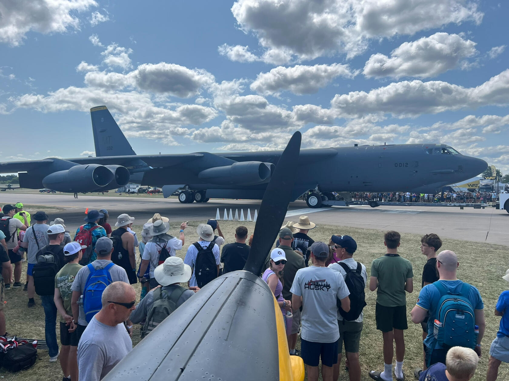 Boeing B-52 Stratofortress being pulled into Boeing Plaza. The wing tip cleared the Chipmunk prop by about one foot.