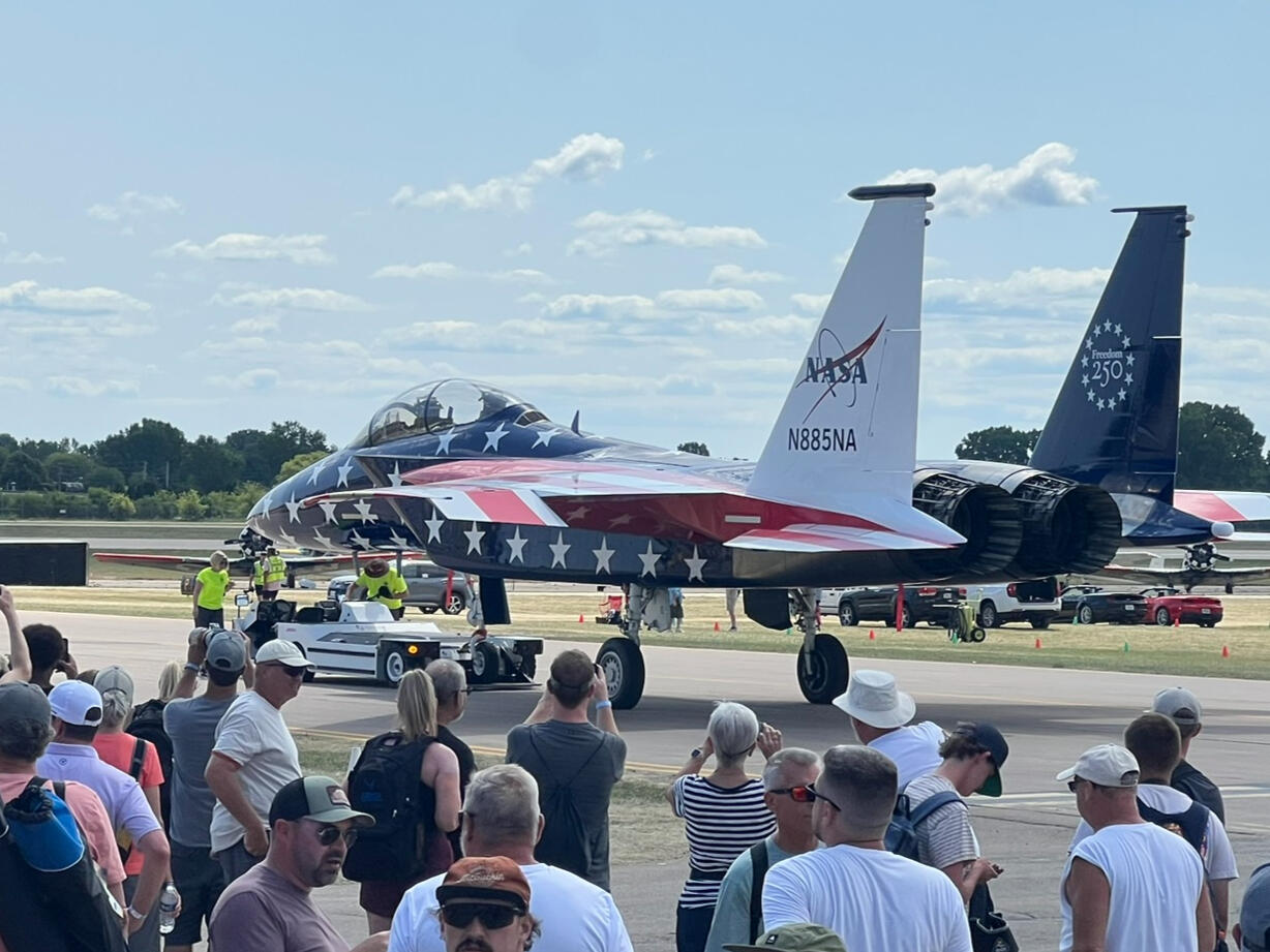 NASA livery F-15 being pushed into Boeing Plaza